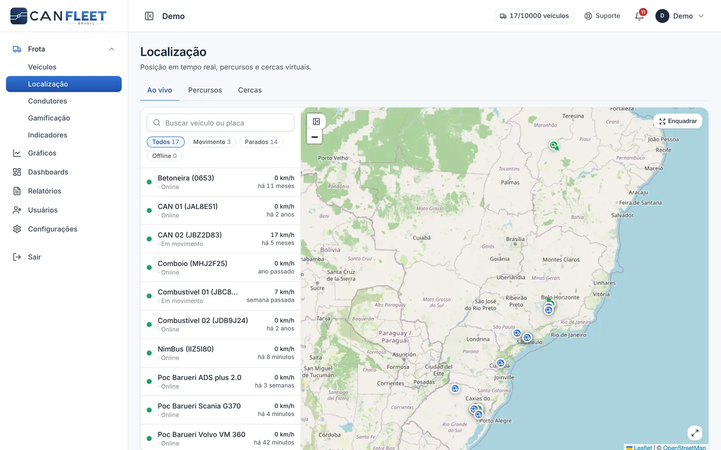 Mapa com a frota em tempo real